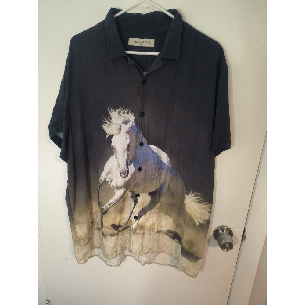Maison Article Button Up Short Sleeve Shirt Mens Running Horse Print 2XL